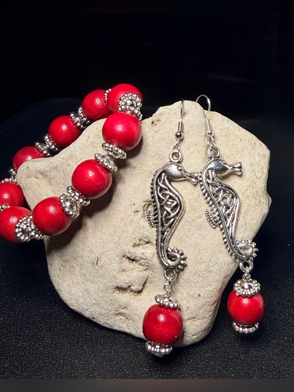✨Hand Crafted✨Bohemian Red Bead Seahorse Earrings & Bracelet Set